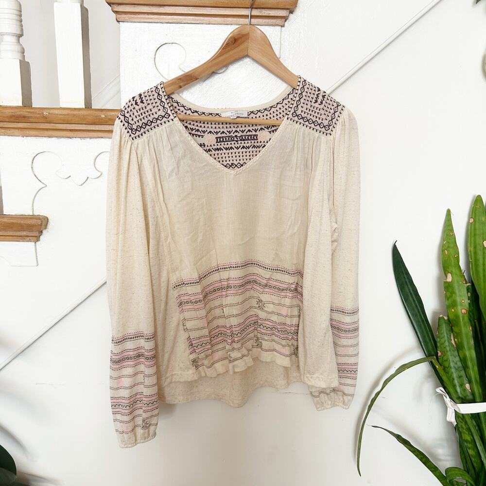 Lucky Brand Embroidered Boho Peasant Blouse Beige Pink Long Sleeve Size S - Picture 2 of 6